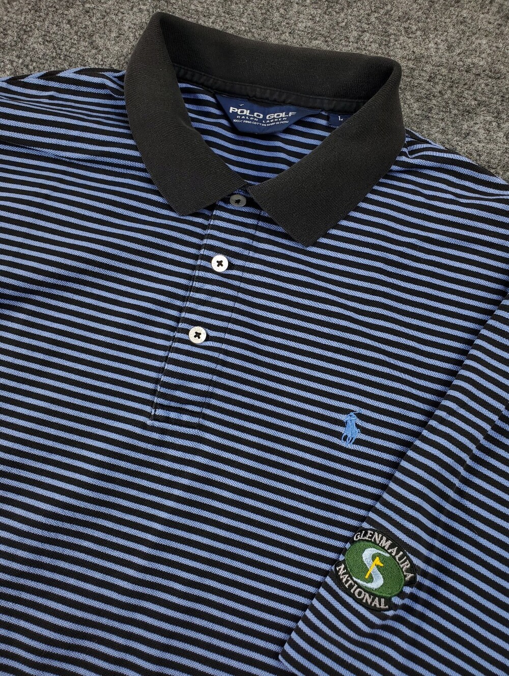 Polo Golf Ralph Lauren Polo Shirt Large Pima Cotton Black Blue Stripe Glenmaura